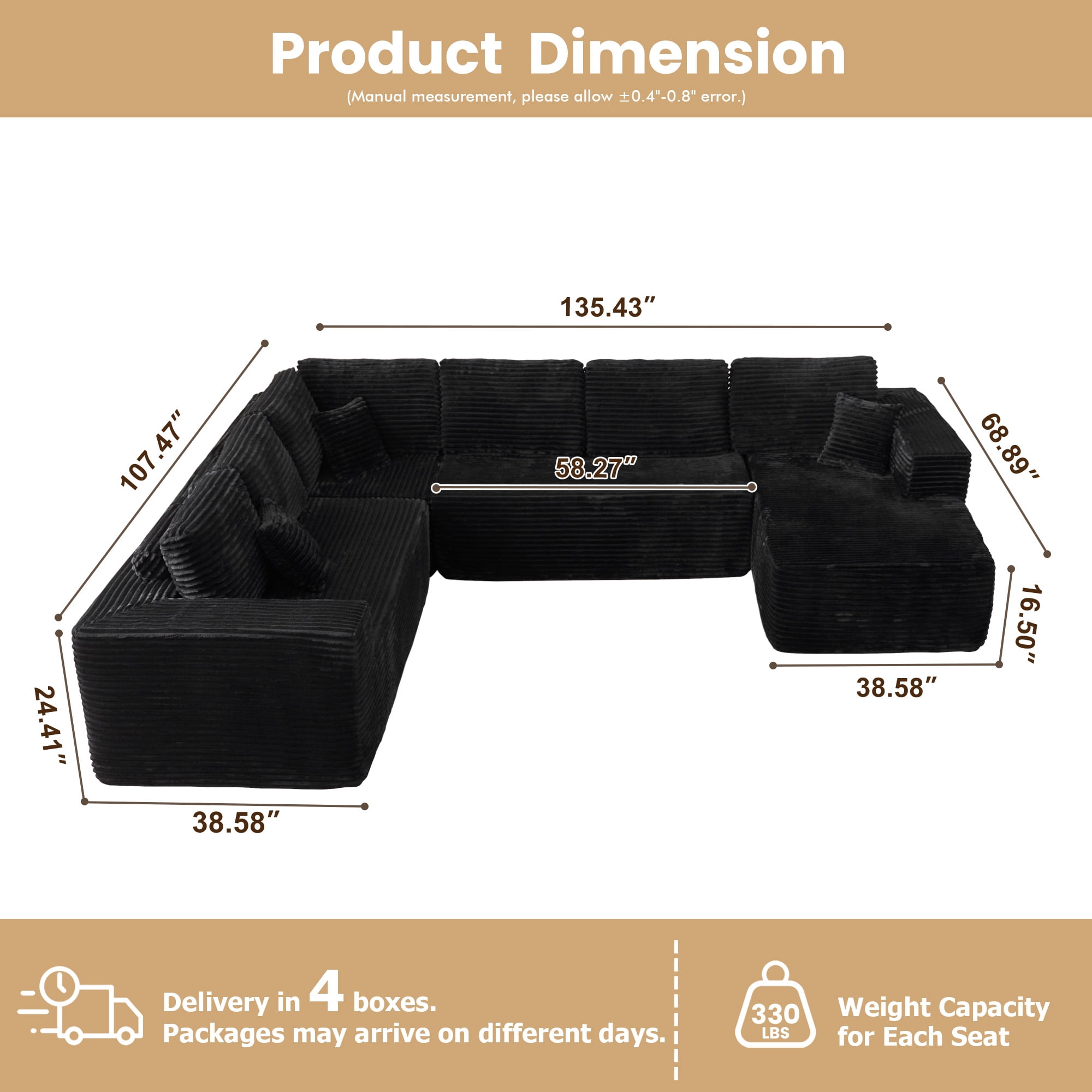 Ovios 135'' x 107'' U-Shaped Oversized Sectional Sofa Modern Modular Cloud Couch with Deep Seat Plush Corduroy Upholstered Large Comfy Sofa for Living Room, No Assembly, Black