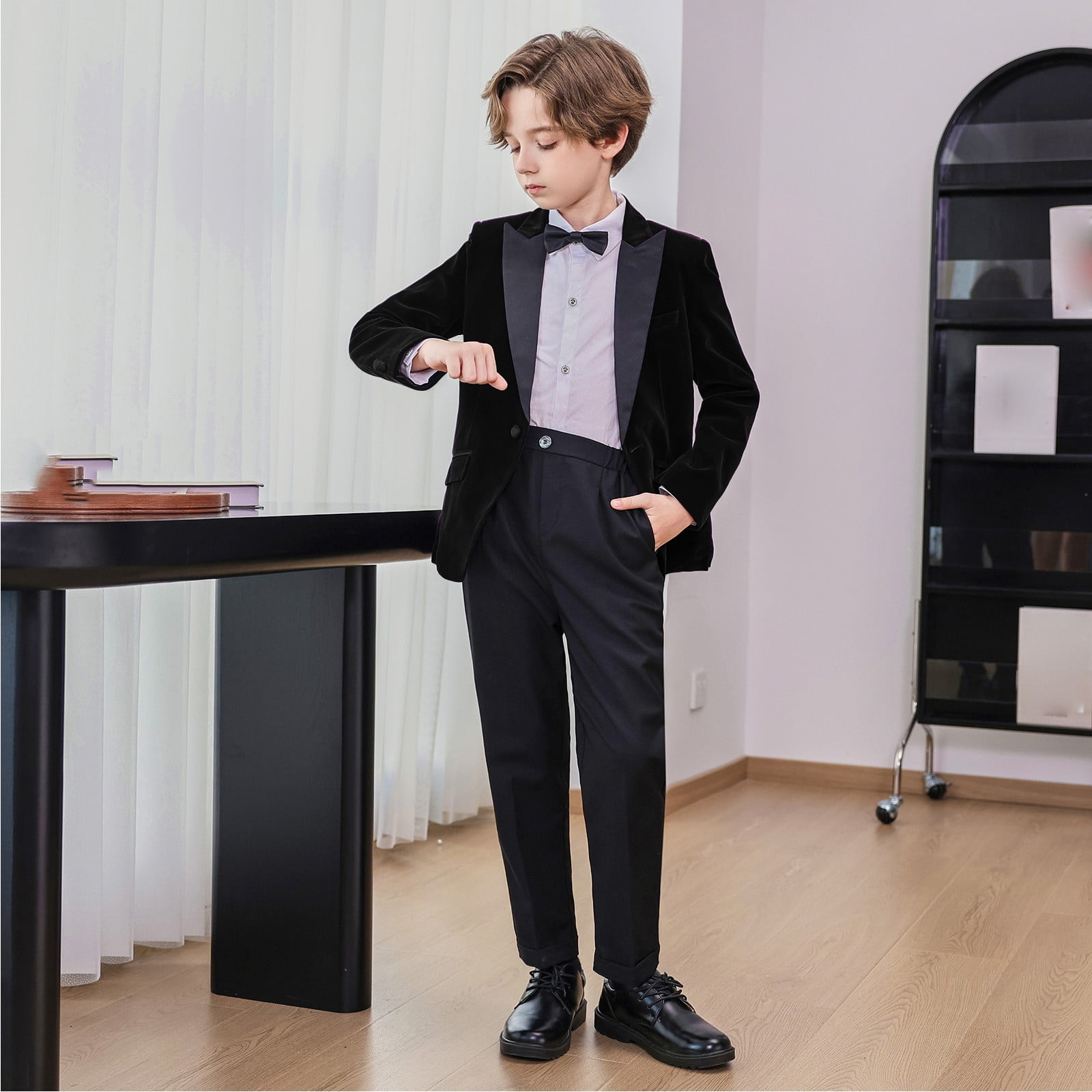 Boys Suits Wedding Ring Bearer Outfits with Blazer Jacket Dress Shirt & Pants Bow Tie 4 Piece Tuxedo Set