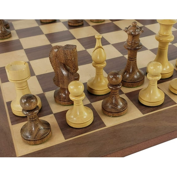 4 Queens Acacia 3 1/2" King Staunton Wood Chess Set W/ 17" Walnut  Maple Board