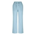 thumbnail image 4 of YUGYXL Women's Cotton Linen Long Pants Plus Size Loose Lounge Pants Office Wide Leg Pants with Multiple Pockets Beach Pants Light Blue XL, 4 of 6