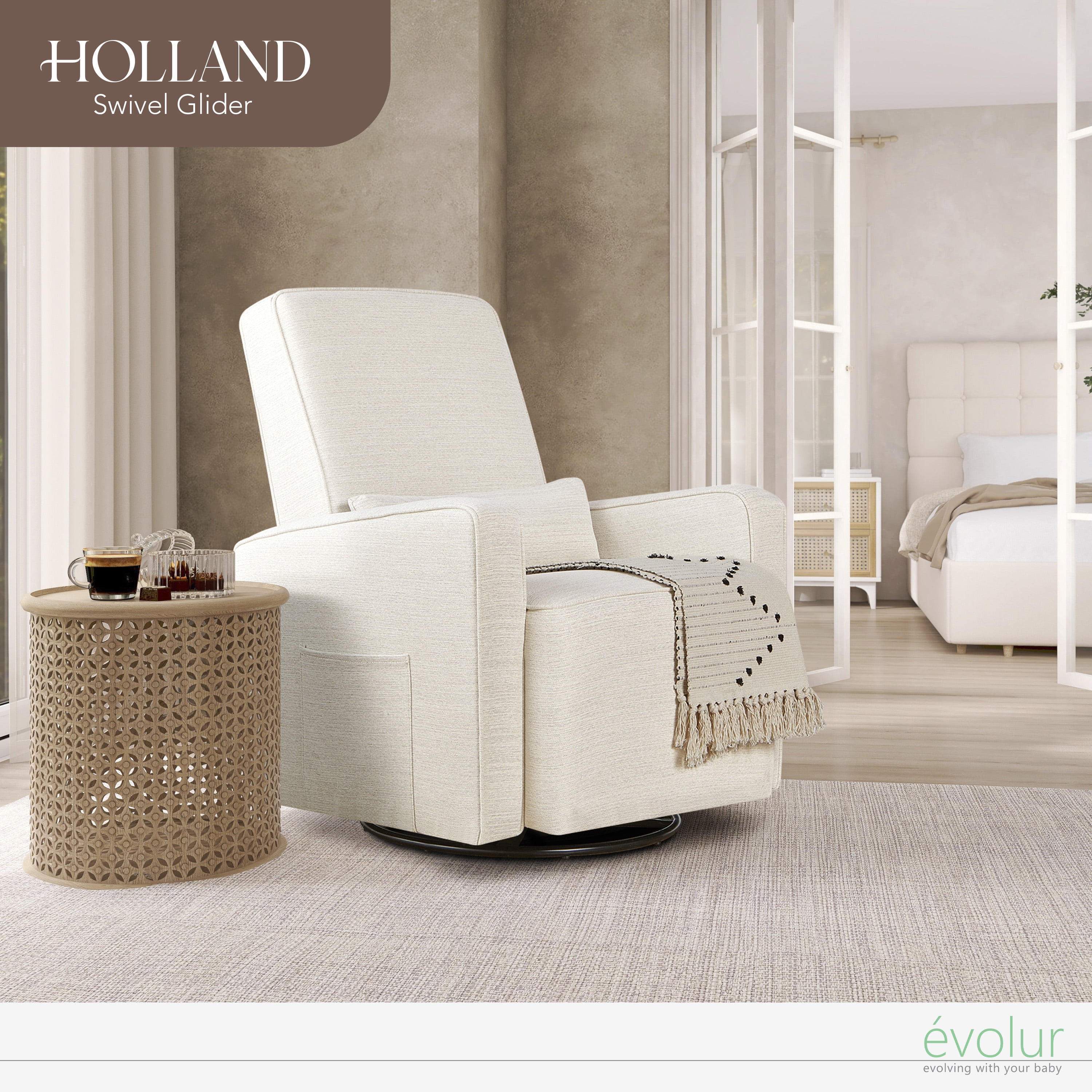 Evolur Holland Upholstered Swivel Glider | Rocker I Included Lumbar Pillow I Modern Design, Thunder
