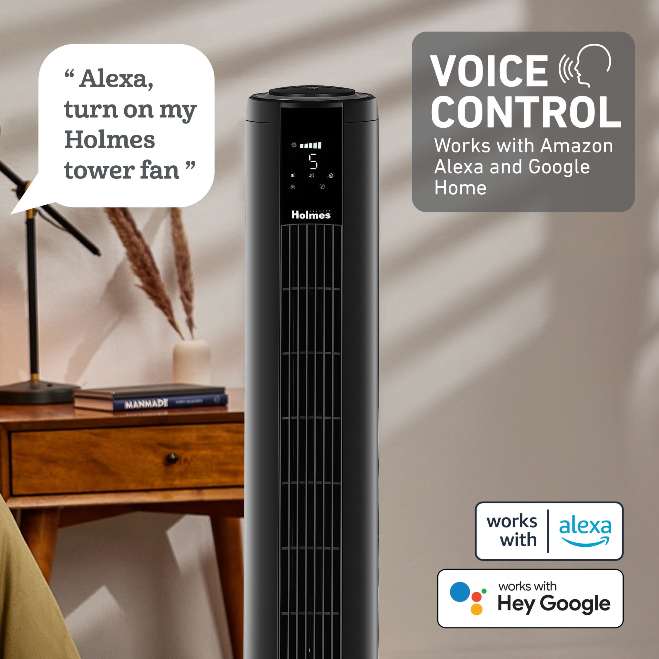 Holmes 42" SmartConnect Wi-Fi Digital Tower Fan with ClearRead Display 5 Speeds Remote Black