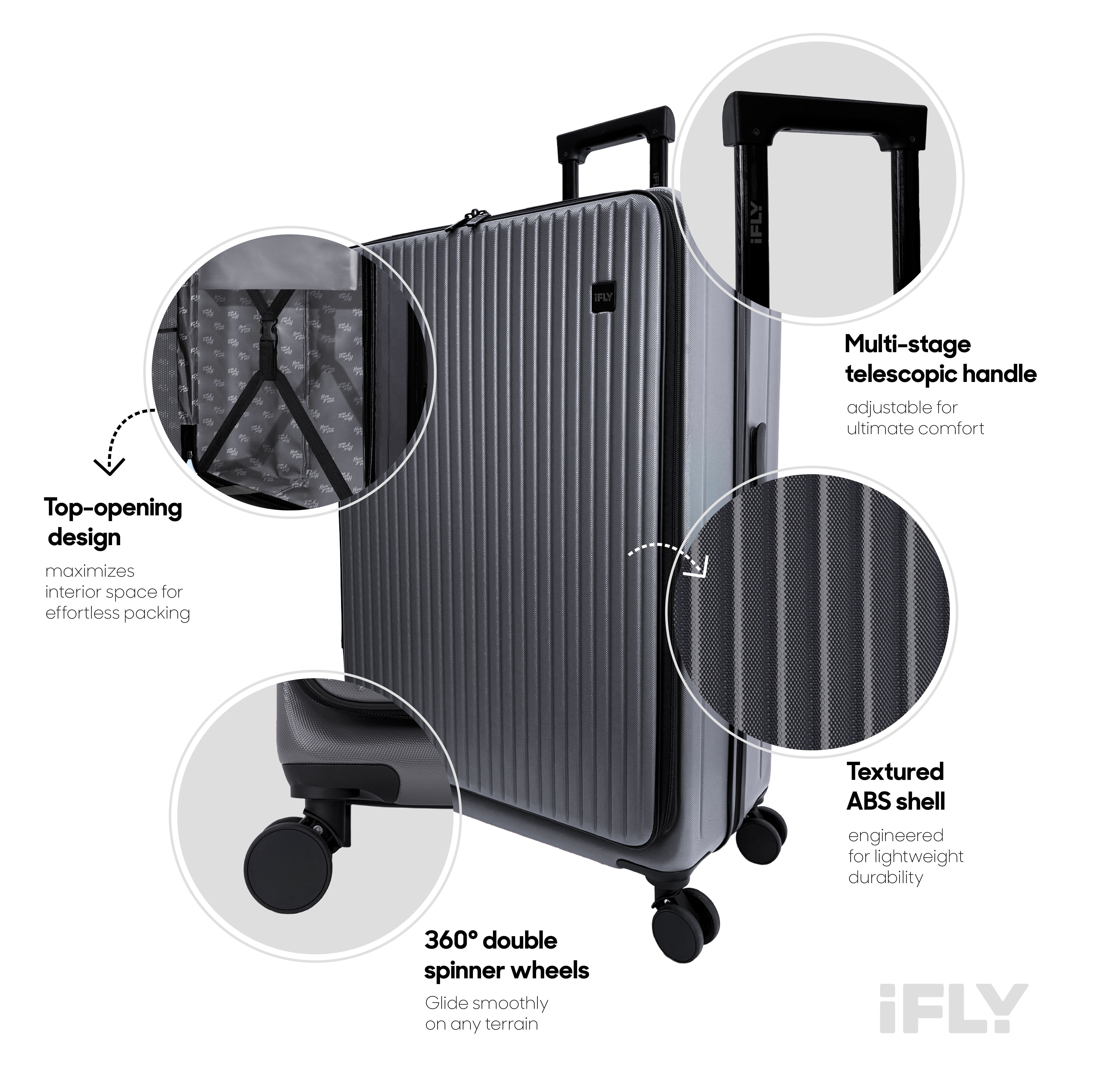 iFLY Quantum 24" Expandable Medium Checked Hardside Top-Opening Luggage, Charcoal