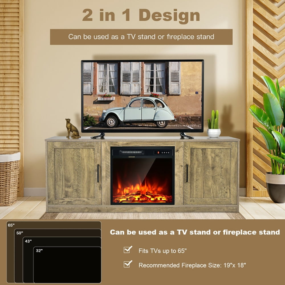 Finihen TV Stand, TV Cabinet, 58 Inch TV Stand with 1500W Faux Fireplace for TVs up to 65 Inch, Media Entertainment Center with Storage, for Living Room, Bedroom, Natural