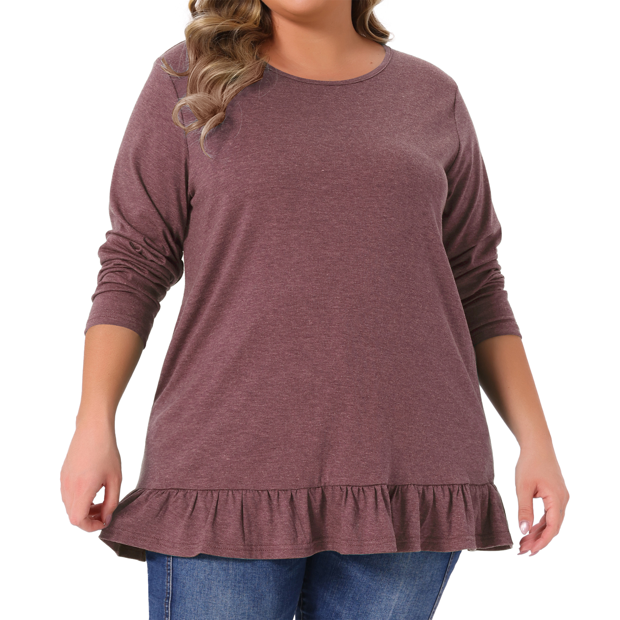 DARING DIVA Women's Plus Casual Long Sleeve Ruffled Hem Blouse 3X Burgundy