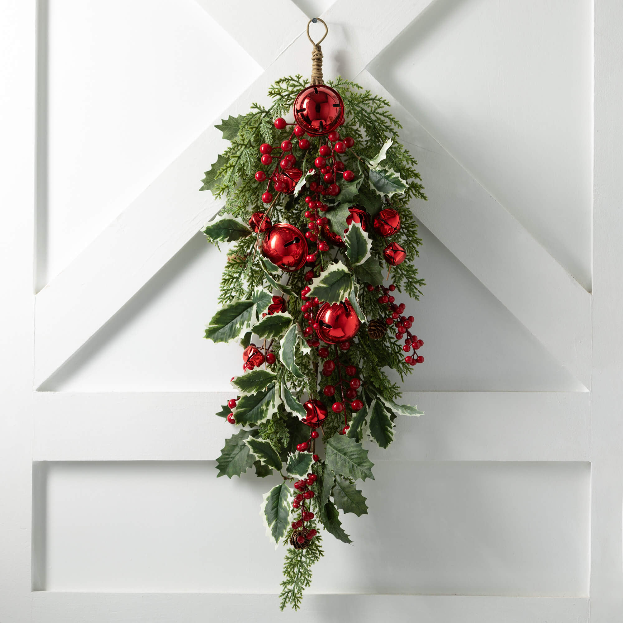 30"H Sullivans Artificial Jingle Bell Holly Pine Christmas Swag, Green-Red