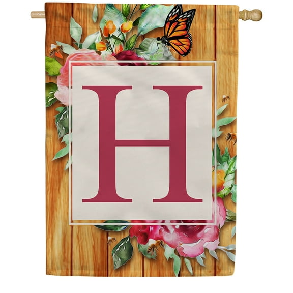 America Forever Spring Monogram House Flag Letter H 28 x 40 inches Double Sided Vertical Outdoor, Yard, Lawn, Seasonal Decorative Flowers Bees and Butterflies Summer House Flag