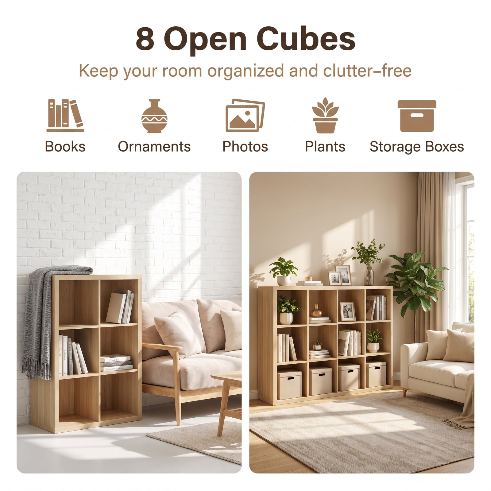 Furnibear 8-Tier Narrow Bookshelf with 4 Adjustable Shelves and Storage Cubes for Living Room Home Office Bedroom Display Storage Shelf, Natural