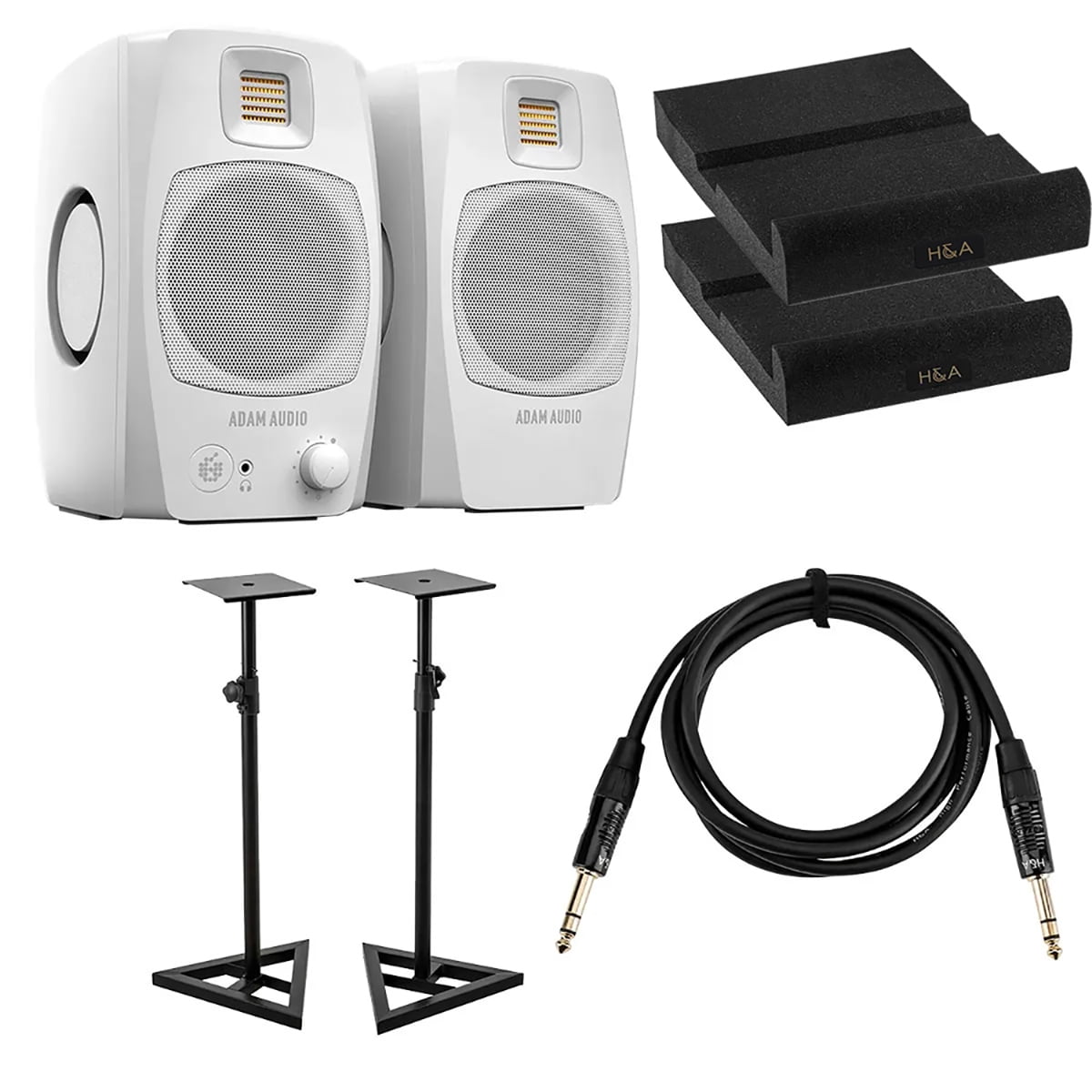 Adam Audio D3V 3.5" 80W Desktop Monitor, Pair, White, Bundle with 2x Studio Monitor Stand, 6' Platinum Pro Interconnect Cable and Isolation Pad
