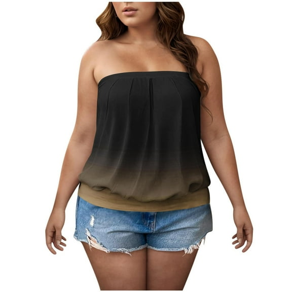 Womens Ombre Tie Dye Tube Tops Plus Size Casual Summer Backless Strapless Top Sleeveless Bandeau Tanks Shirt