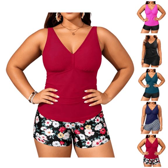 OIOLOYJM Plus Size Swimsuits for Women 2 Piece Ruched V Neck Floral High Waist Tankini Sets Two Piece Bathing Beach Fitness Athletic Swimwear Wine 18 US Plus