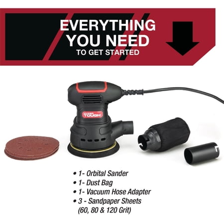 HYPER TOUGH 2.5 AMP CORDED 5 INCH ORBITAL SANDER WITH DUST BAG, VACUUM HOSE ADAPTER & 3 SANDING SHEETS, NEW CONDITION