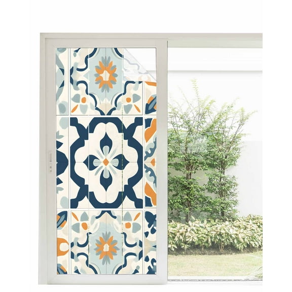 Window Privacy Film Ethnic Plaid Stained Glass Window Film Decorative Sun Block Window Cover Modern Rustic Abstract Geometric Art Window Clings Static Adhesive Sticker for Bathroom 35.4"x78.7"