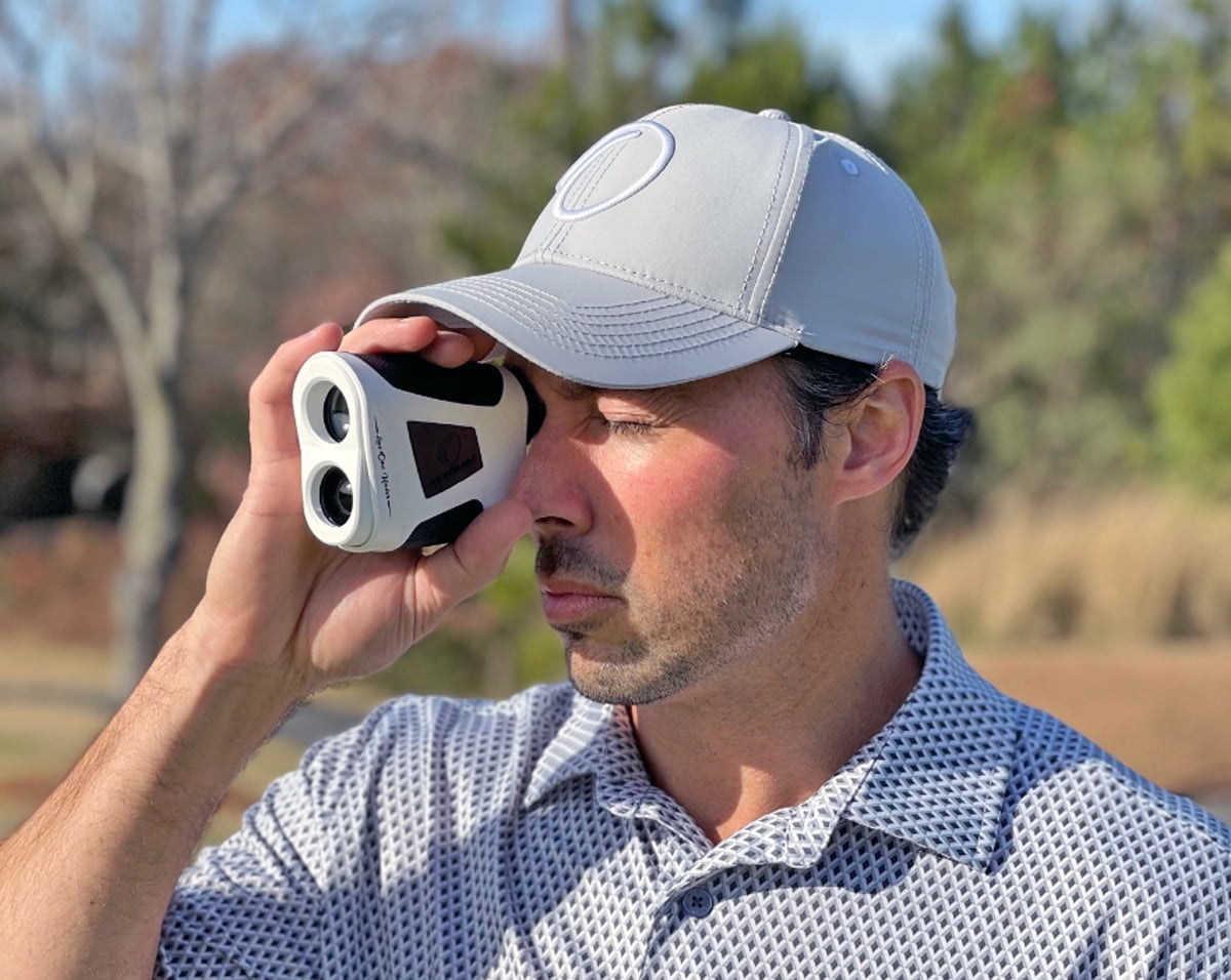 Golf Rangefinder by One Under Golf- Sleek Design with Built In Magnet Locks on Cart Rail, Slope Compensation ON/Off, Jolt Vibration + Flag Lock Technology, 6X Magnification up to 800yds (White)
