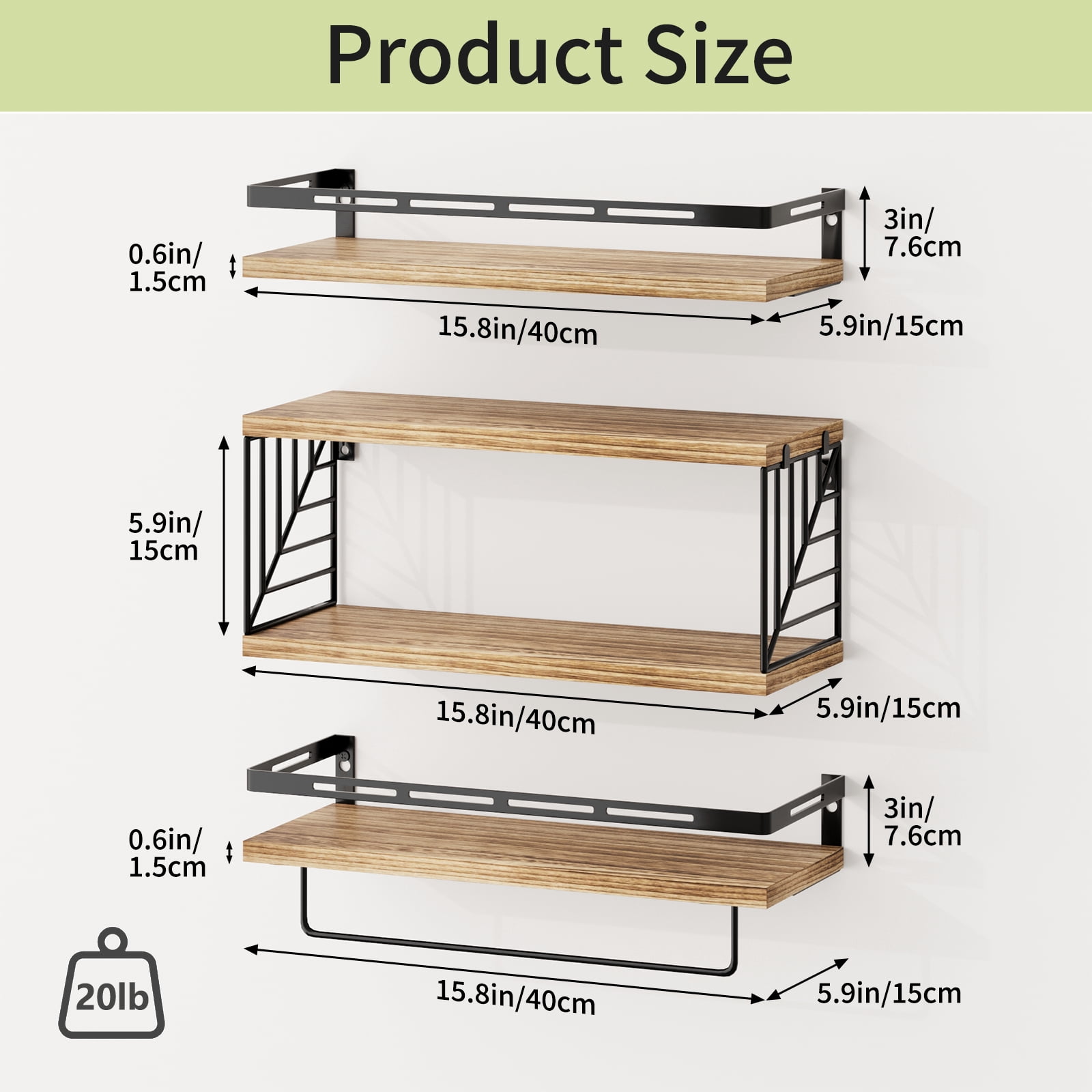 Fairy 4pcs Bathroom Floating Shelves Over Toilet, Wall Shelves with Towel Bar for Bathroom, Living Room (Light Brown)
