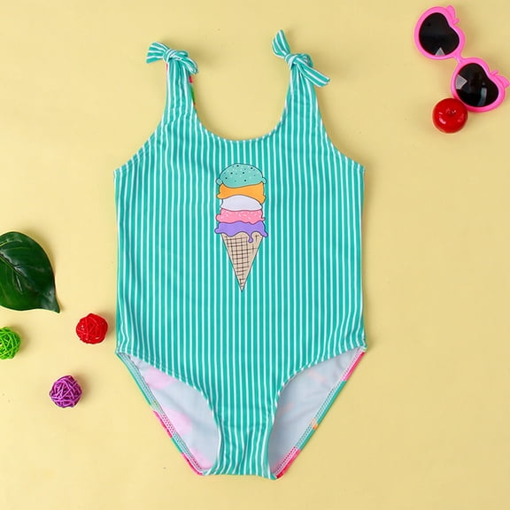 CUZIBR Baby Swimsuit Girl One Piece Swimsuit Sleeveless Striped Cartoon Prints Bow Strap Swim Wear Soft Bikini Popular Swimsuit,Green,18-24 Months