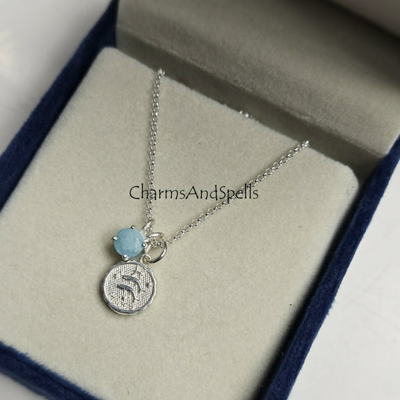 Pisces Solid Silver Necklace, Aquamarine Necklace, Zodiac Sign Necklace Gift, Handmade Pendant, March Birthday Gift, Gift for Mothers Day