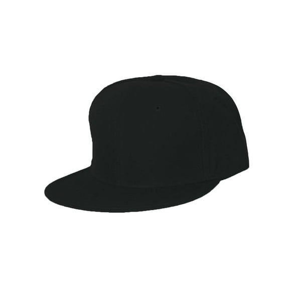 Plain Fitted Flat Bill Hat - Black, 7 1/8
