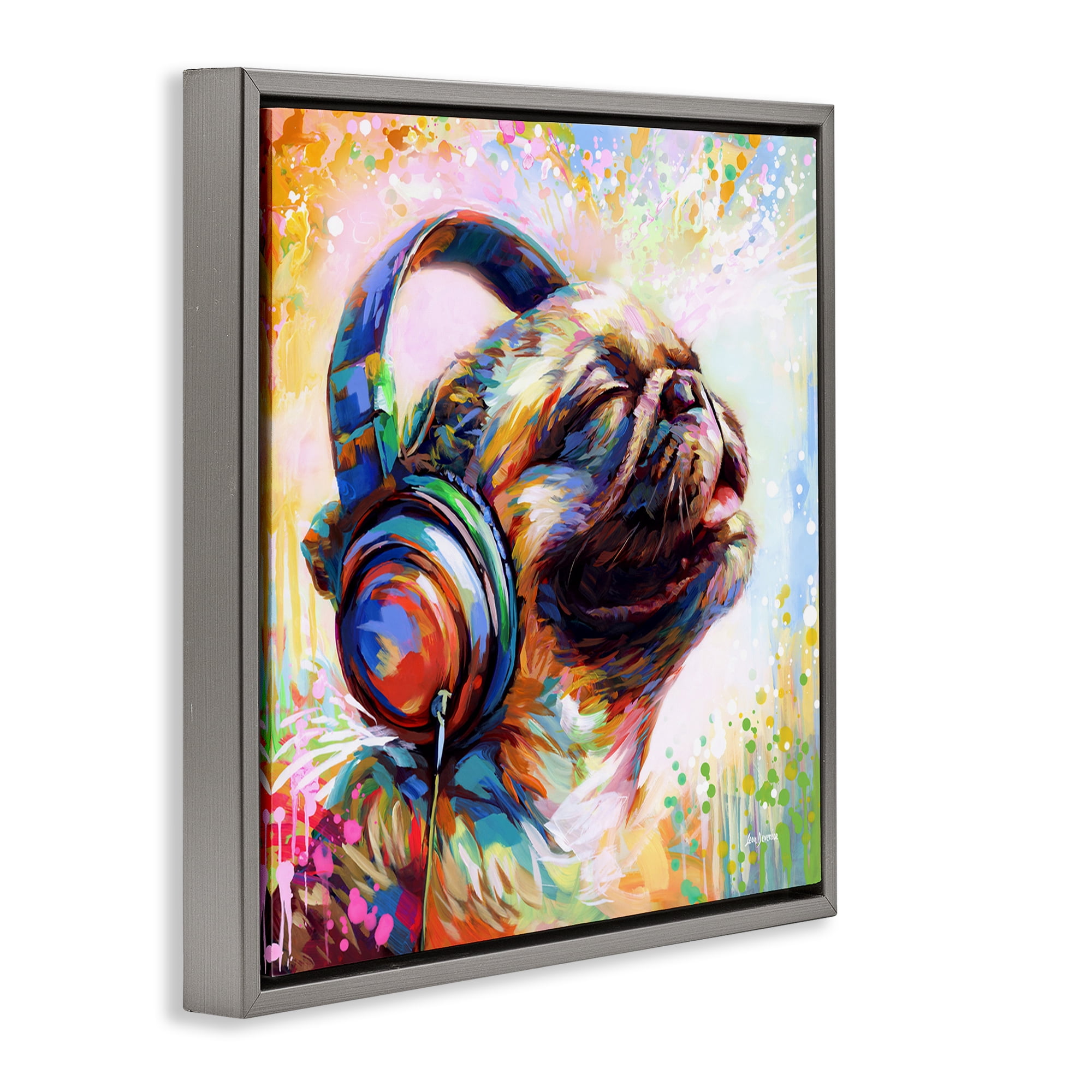 Stupell Industries Blissful Music Pug Animals & Insects Painting Gray Floater Framed Canvas Art Print Wall Art, 18 x 18