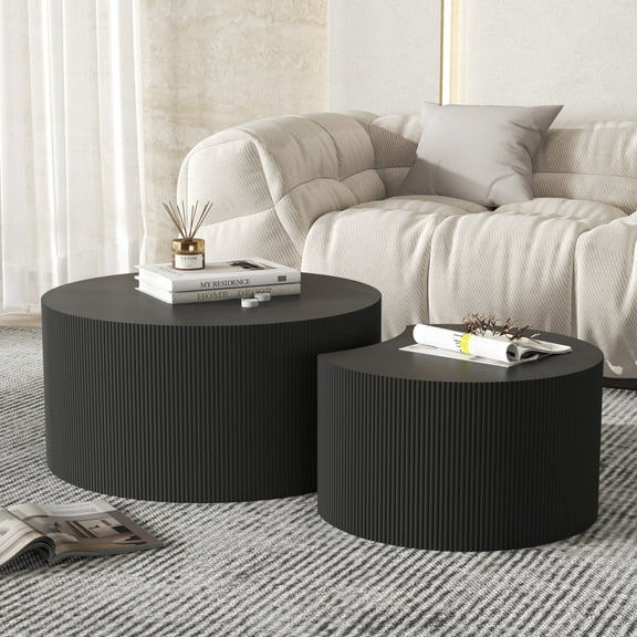 Round Black Coffee Table Set of 2, Modern Wooden Nesting Tables for Living Room, No Assembly Required, Accent Furniture for Bedroom, Balcony, Office