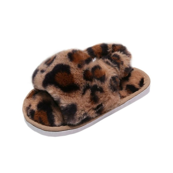 Ginisom Furry Open Toe Slides Fuzzy Slippers Elastic Band Girls Slippers, Brown Leopard, 4-5 Big Kid