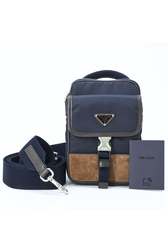 Pre-Owned PRADA Suede and Nylon Shoulder Bag, Triangle Design, Navy Brown