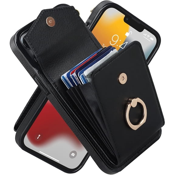 REQO Phone Case for iPhone 14 Pro, High-end Stylish Leather Accordion Card Holder,Wallet Phone Case, Anti-Drop Lanyard, Multi-Functional Ring Stand Case, Protective Leather Case