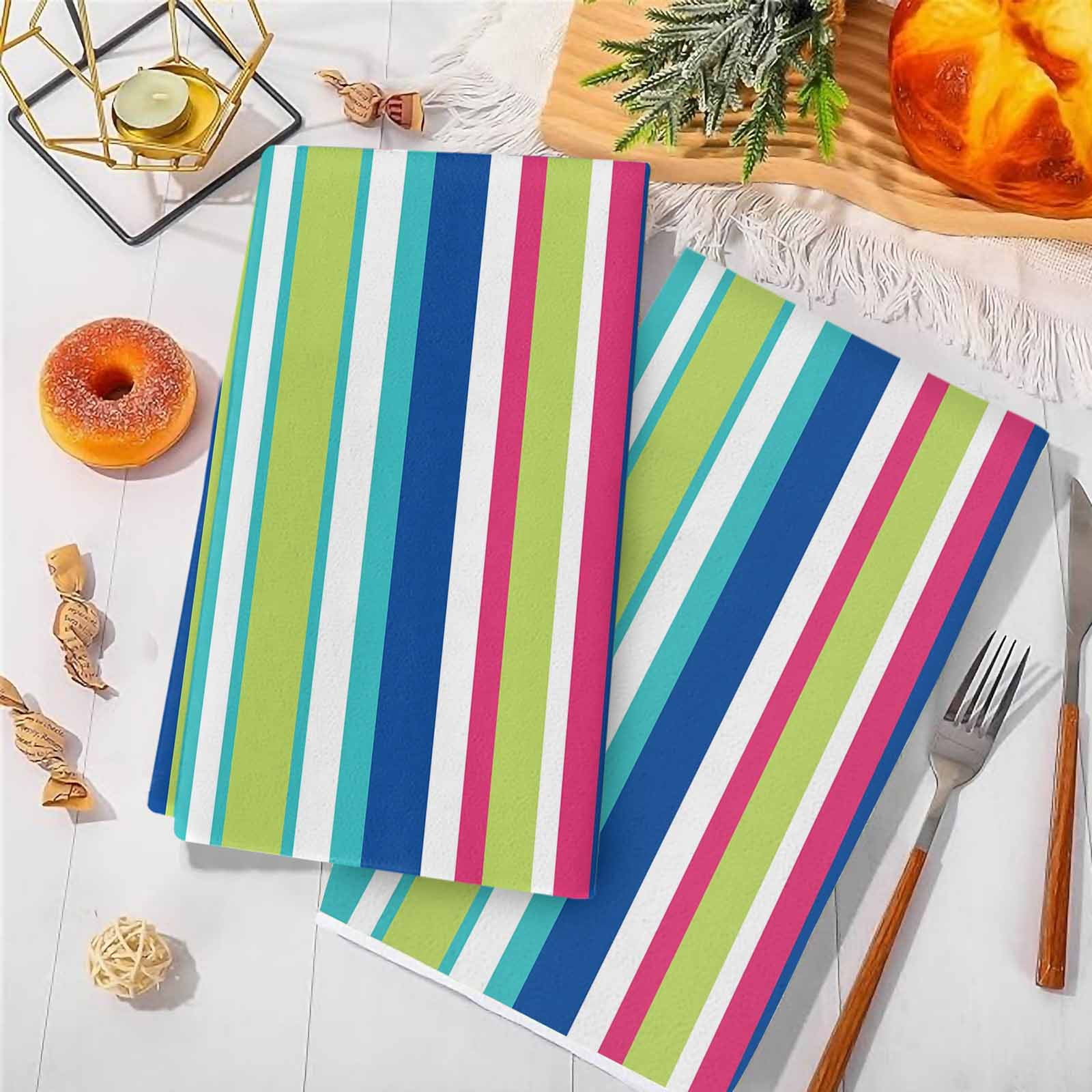 Dish Towels, Pink Blue Green Stripes Absorbent Kitchen Towels 2 PCS, Vertical Striped Lines Microfiber Hand Towels Dish Cloths Tea Towels for Home&nbsp;Bathroom Cleaning Drying,18X28-Inch,