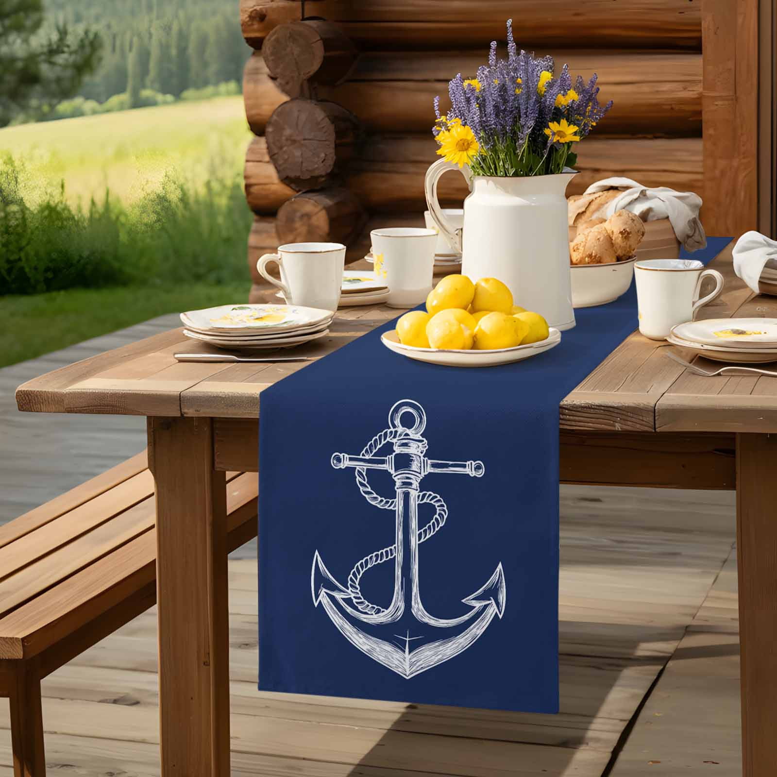 Nautical Sailing Anchor String Sketch Table Runner 90 Inches Long, Marine Navy Blue White Table Runners Tabletop Scarf Kitchen Dining Tables Decoration for Home Party Indoor Outdoor