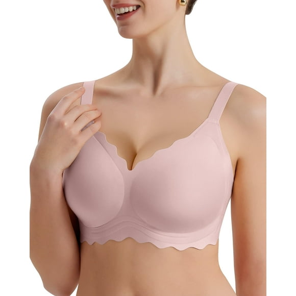 Sujetador LUXMAY, festoneado, cobertura total, inalámbrico, acolchado, rosa XXL