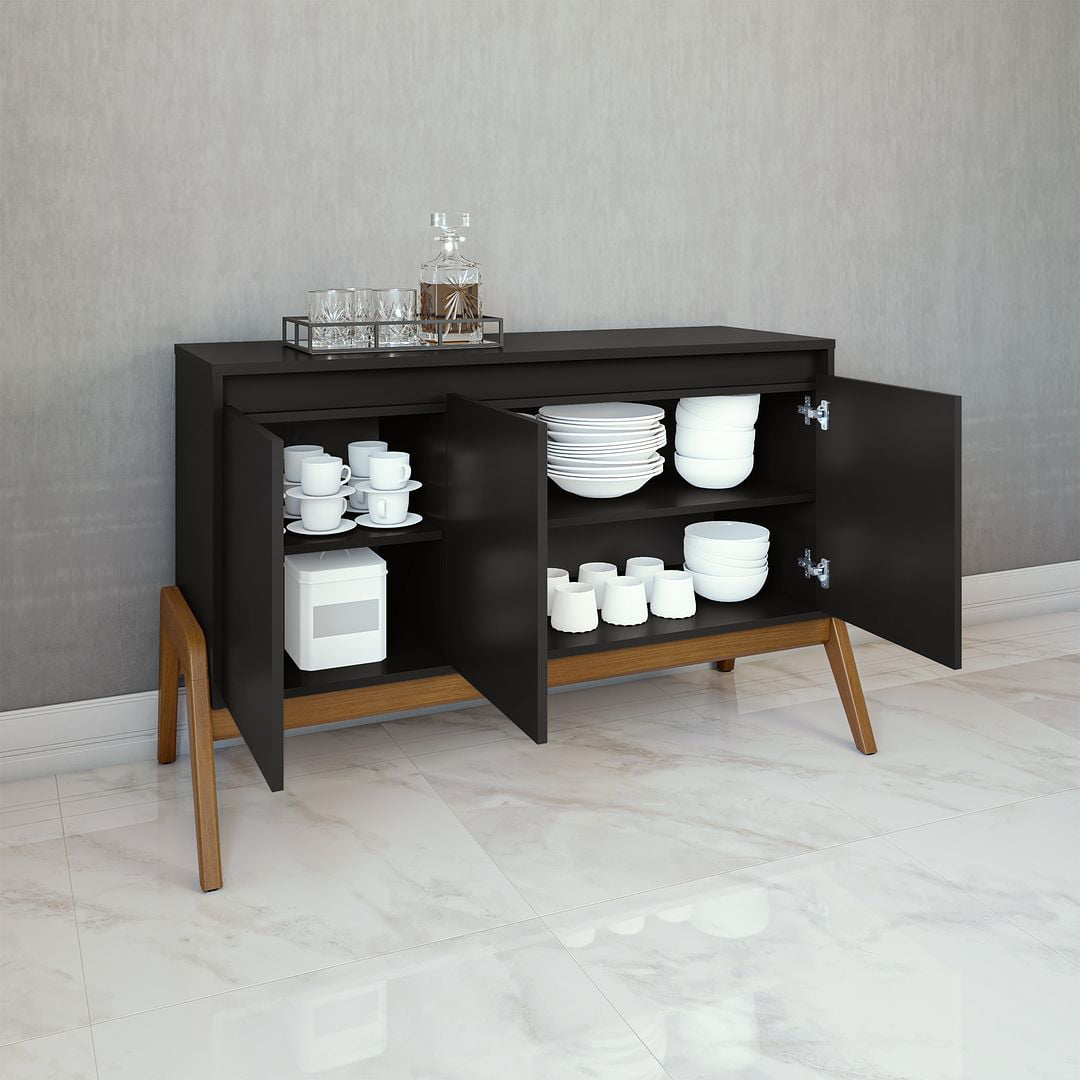 Manhattan Comfort Mid-Century Modern Gales 48.50 Sideboard with Solid Wood Legs in Matte Black Manhattan Comfort Mid-Century Modern Gales 48.50 Sideboard with Solid Wood Legs in Matte Black