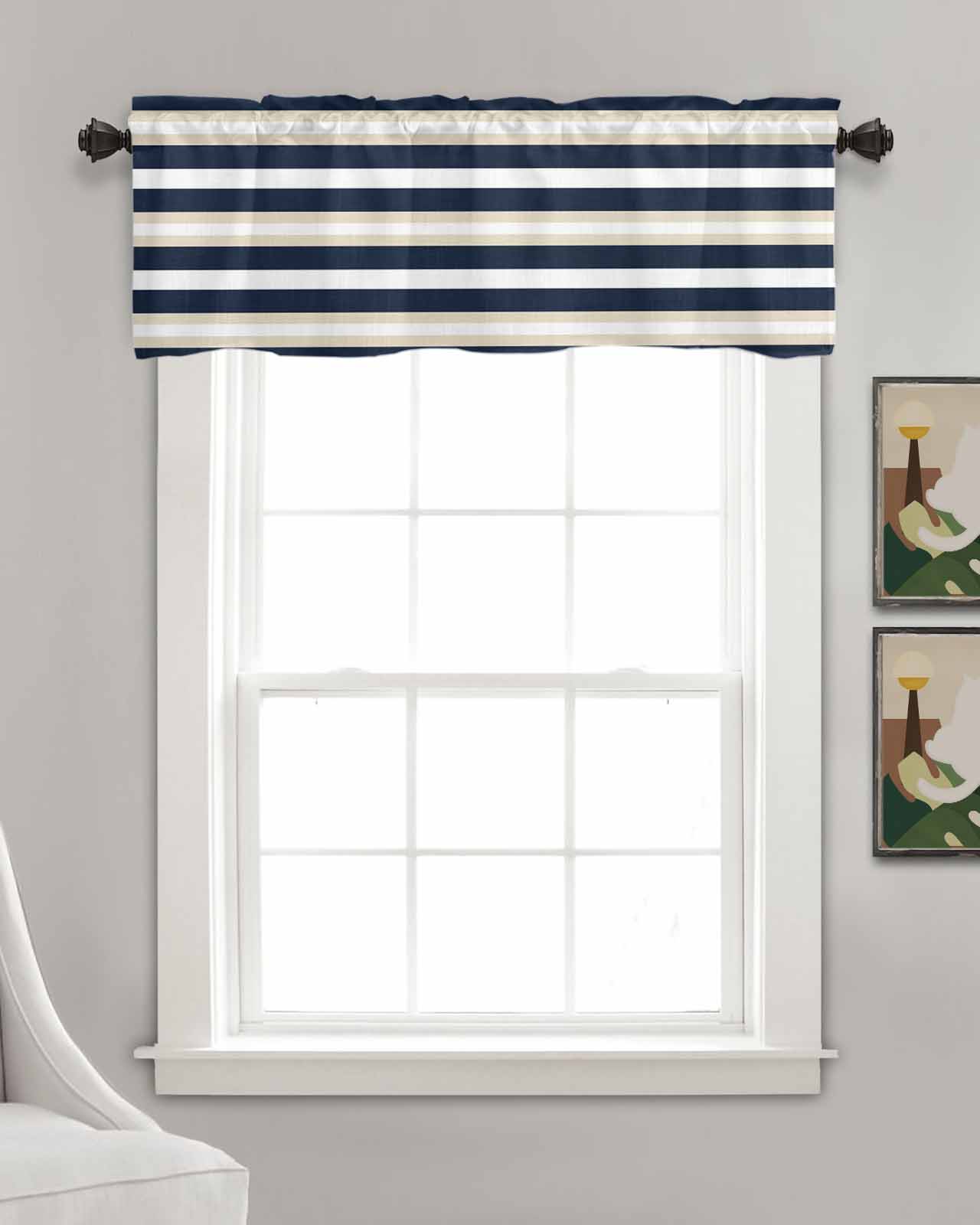 Khaki Navy Blue Striped Kitchen Valances for Windows Farmhouse Linen Window Valance Curtain for Living Room Window Treatment Farmhouse Abstract Lines Art Valance Rod Pocket Topper Drape, 54 x 18 Inch