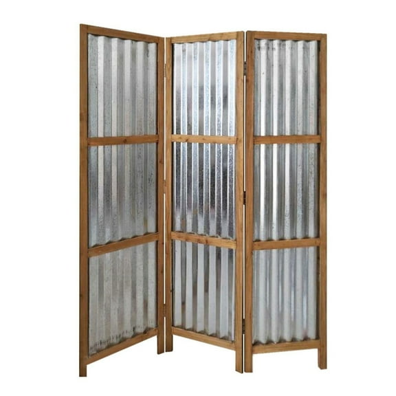 Industrial 3 Panel Foldable Screen with Corrugated Design,Silver and Brown- Saltoro Sherpi