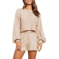 thumbnail image 3 of Dinheiro Conjunto de 2 piezas de punto para mujer, manga abombada, pantalones cortos cortos, conjunto de suéter, albaricoque, grande,, 3 of 5