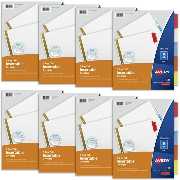 Avery 5 Tab White Binder Dividers, Insertable Multicolor Big Tabs, 1 Set Pack, 8 Packs, 8 Sets Total (11121)