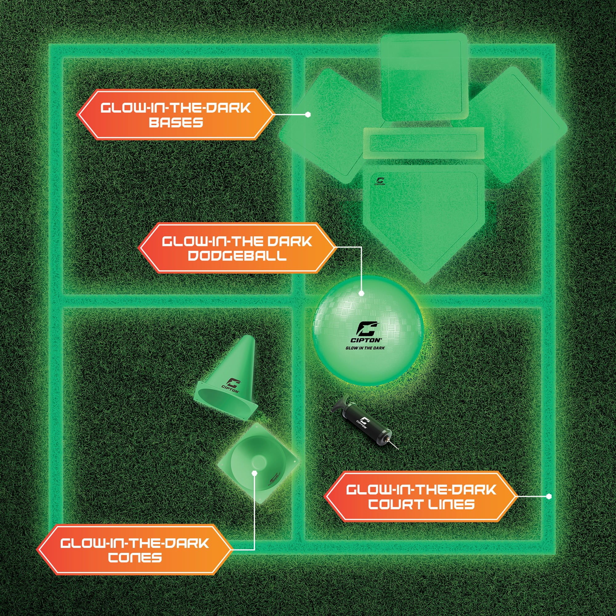 Cipton Glow-in-the-Dark Kickball and Dodgeball Set with Bases, Cones, Court Lines, Ball Pump, 12 Pieces