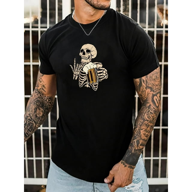 Camiseta informal de verano de manga corta con estampado creativo de esqueleto bebiendo cerveza para hombre, estilo deportivo y de ocio, cuello redondo a la moda para uso diario, camisetas informales.