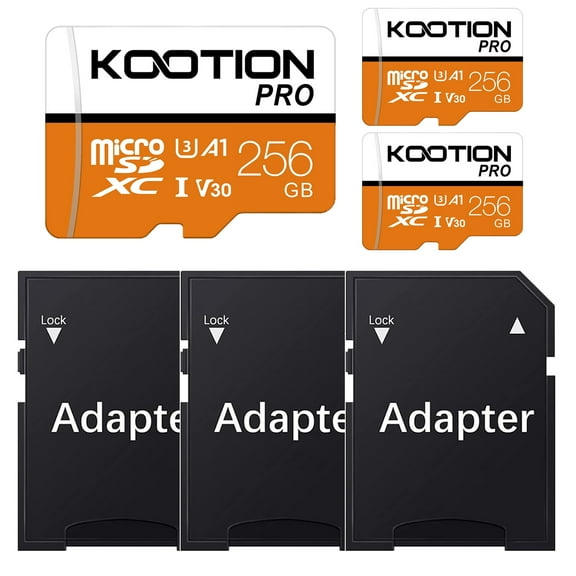 KOOTION 256 GB Micro SD Card 3 Pack TF Card with Adapter High Speed MicroSDXC U3 Full HD 4K Memory Card for Phone Table Monitor Camera