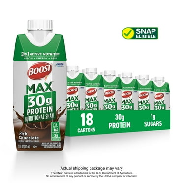BOOST Max Protein Nutritional Shake, Rich Chocolate, 30g Protein, 18 -11 FL OZ (325 mL) Cartons