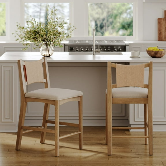 Nathan James Elodia Boho Counter Height Bar Stool with Back, Woven Seagrass Backrest and Solid Wood Frame, Light Brown