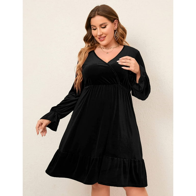 Kitsin Women's Plus Size Velvet Dress Wrap V Neck Swing Dress Long Sleeve  Cocktail Party Dress