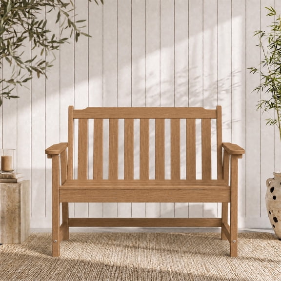 Harbweb 49.5" Weatherproof HDPE Garden Bench, 2-Person Patio Bench, Teak