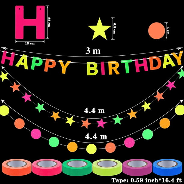 Neon Glow BIRTHDAY Party Supplies Tapes HAPPY BIRTHDAY Banner