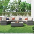 thumbnail image 2 of 8 Pieces Patio Half-Moon Sectional Furniture, Curved Outdoor Sofa Set, Beige Wicker Patio Conversation Sets with Glass Table, Side Tables and Cushions, 2 of 9