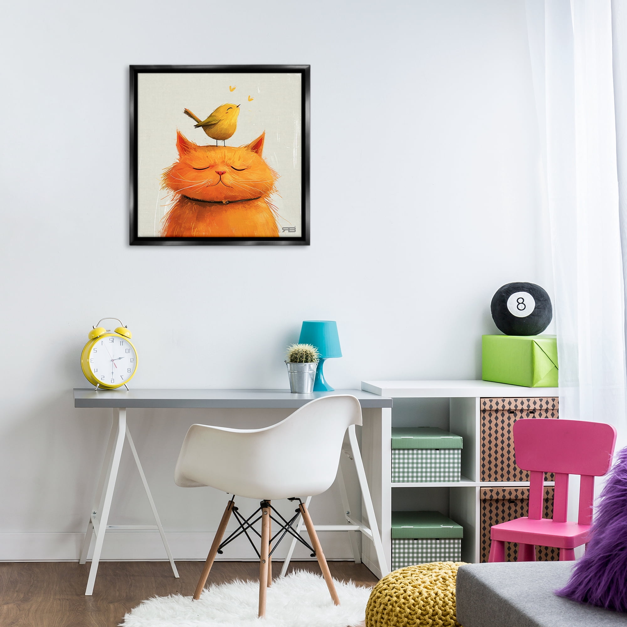 Stupell Industries Bird Perched on Cat Animals Painting Black Floater Framed Canvas Art Print Wall Art, 25 x 25