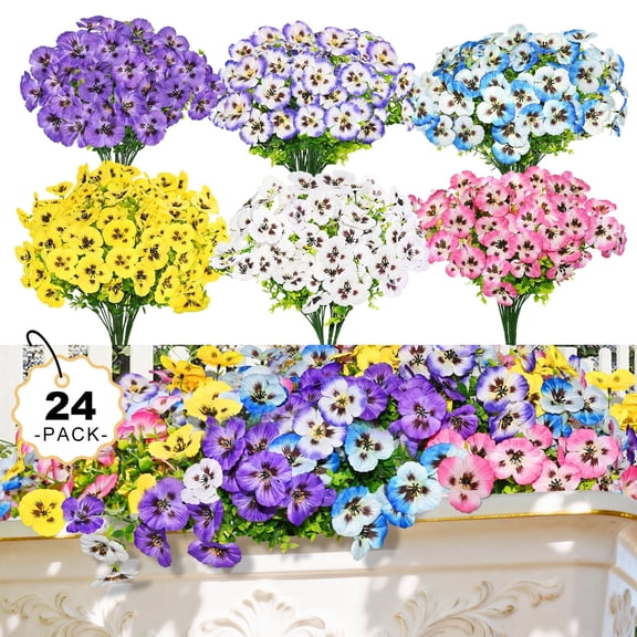 Artificial Fake Pansy Flowers for Outdoor, 24 Bundles Silk Fake Spring Flowers UV Resistant Realistic Pansy Faux Eucalyptus Plants for Outside Planters Porch Window Box Garden Indoor Decor