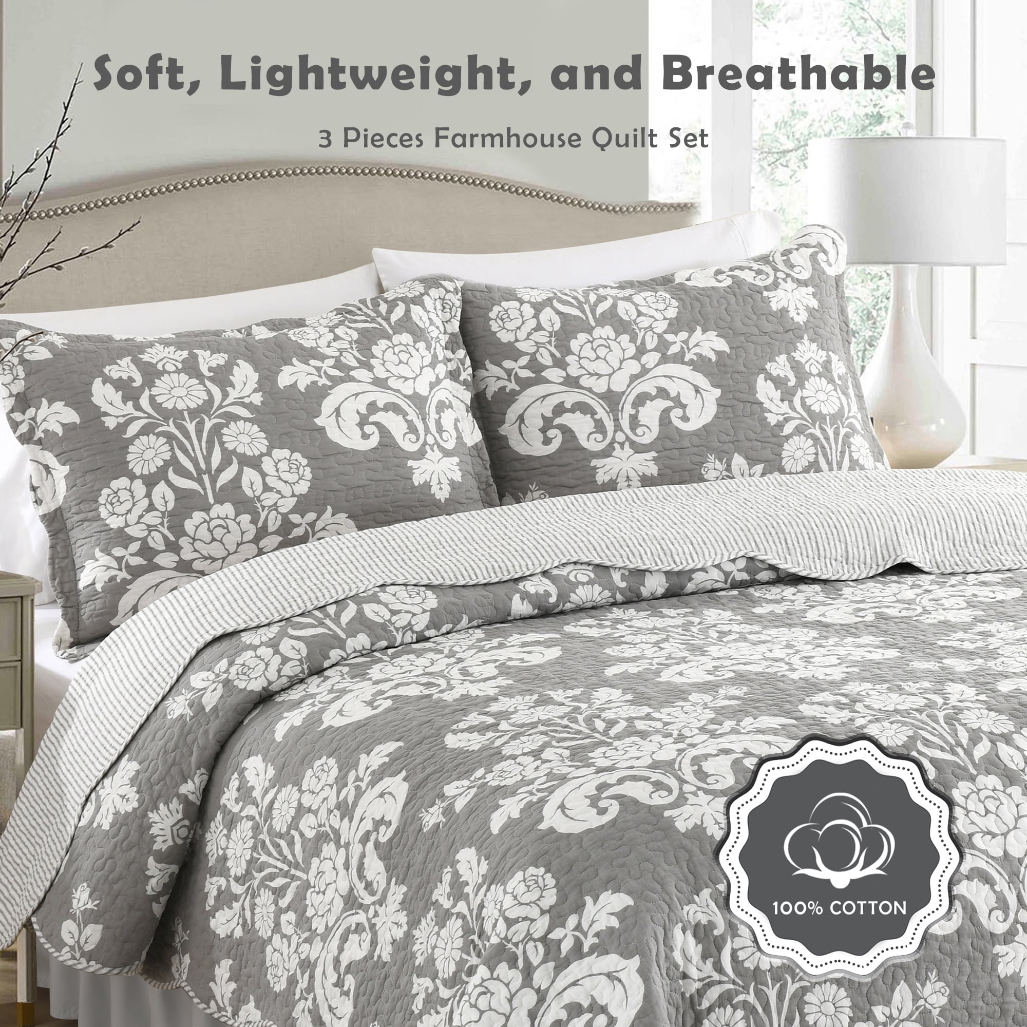 Quilt Set Queen Size - 100% Cotton Grey Damask Floral Bedspreads - Quilted Farmhouse Bedding Set for All Season - Lightweight Scallop Coverlet 3-Piece (Grey and White)