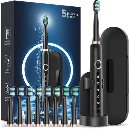 Sonic Electric Toothbrush for Adults, Rechargeable Electric Toothbrush with 8 Brush Heads for Kids Ages 12+ and Adults, Wireless Fast Charge, 5 Modes, 41,000 VPM Deep Clean, Black