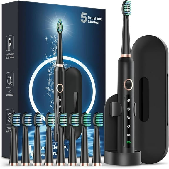 Sonic Electric Toothbrush for Adults, Rechargeable Electric Toothbrush with 8 Brush Heads for Kids Ages 12 and Adults, Wireless Fast Charge, 5 Modes, 41,000 VPM Deep Clean, Black