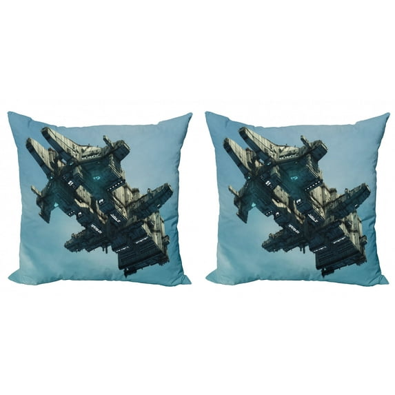 Ambesonne Fantasy Throw Pillow Cover 2 Pack, Sci Fi Alien Ship UFO, 18", Pale Blue Grey